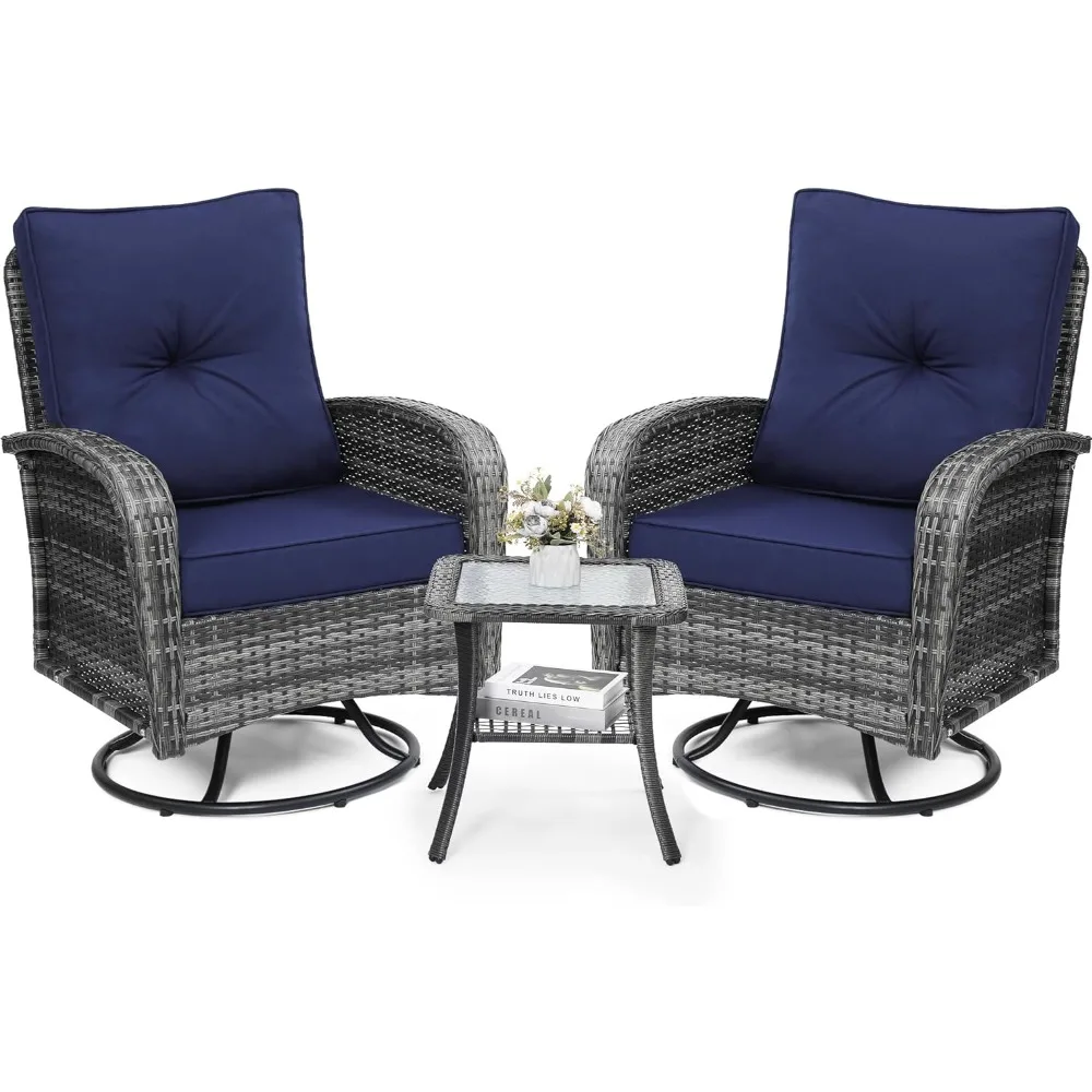 

3 Piece Rattan Wicker Bistro Set, Outdoor Conversation Furniture Set with Glass Top Table, Space Saving for Balcony