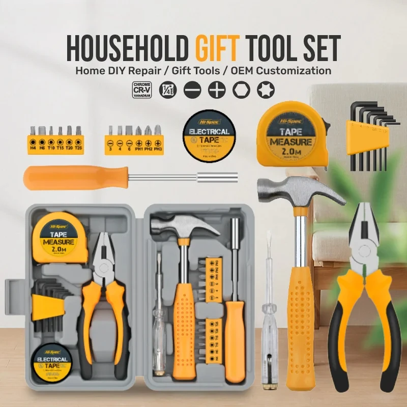 

24-Piece Compact Home & Office Yellow DIY Hand Tool Kit Set for Household Improvement Repairs Wire Cutter