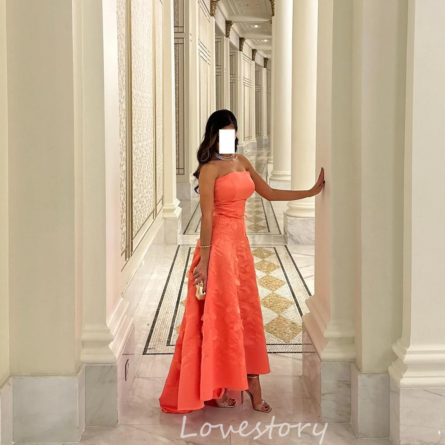 

Orange Prom Dress Strapless Appliques vestidos de noche Formal Evening Dress Ankle Dinner Party Dresses for Formal Occasions