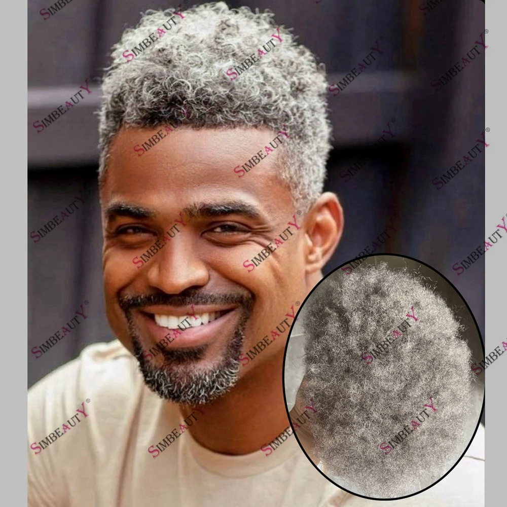 6MM Afro Hairstyle Men's Human Hair Full PU Skin Base Durable Capillary Prosthesis System Toupee Gray Hair Old Men's Wig