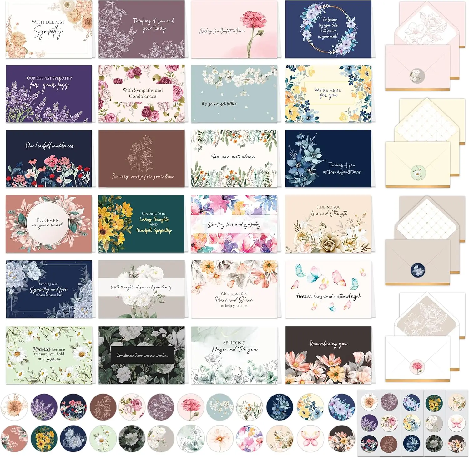 

24 Pack 6x4in Assorted Sympathy Cards with Envelopes and Stickers, 24 Unique Designs Sympathy Cards Assortment Box with Envelope