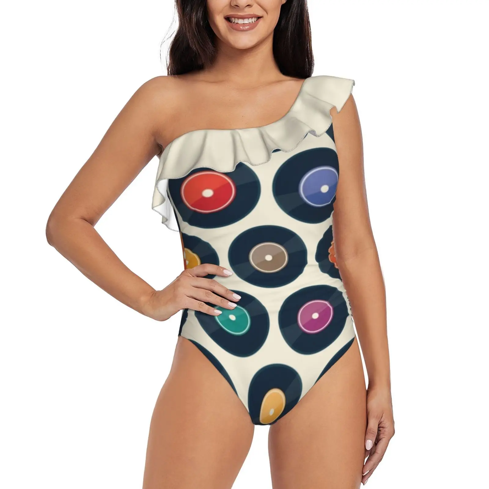 Vinyl Record Collection One Shoulder Ruffle Swimsuits Sexy One Piece Swimsuit Women Swimwear Monokini Retro Vintage Record