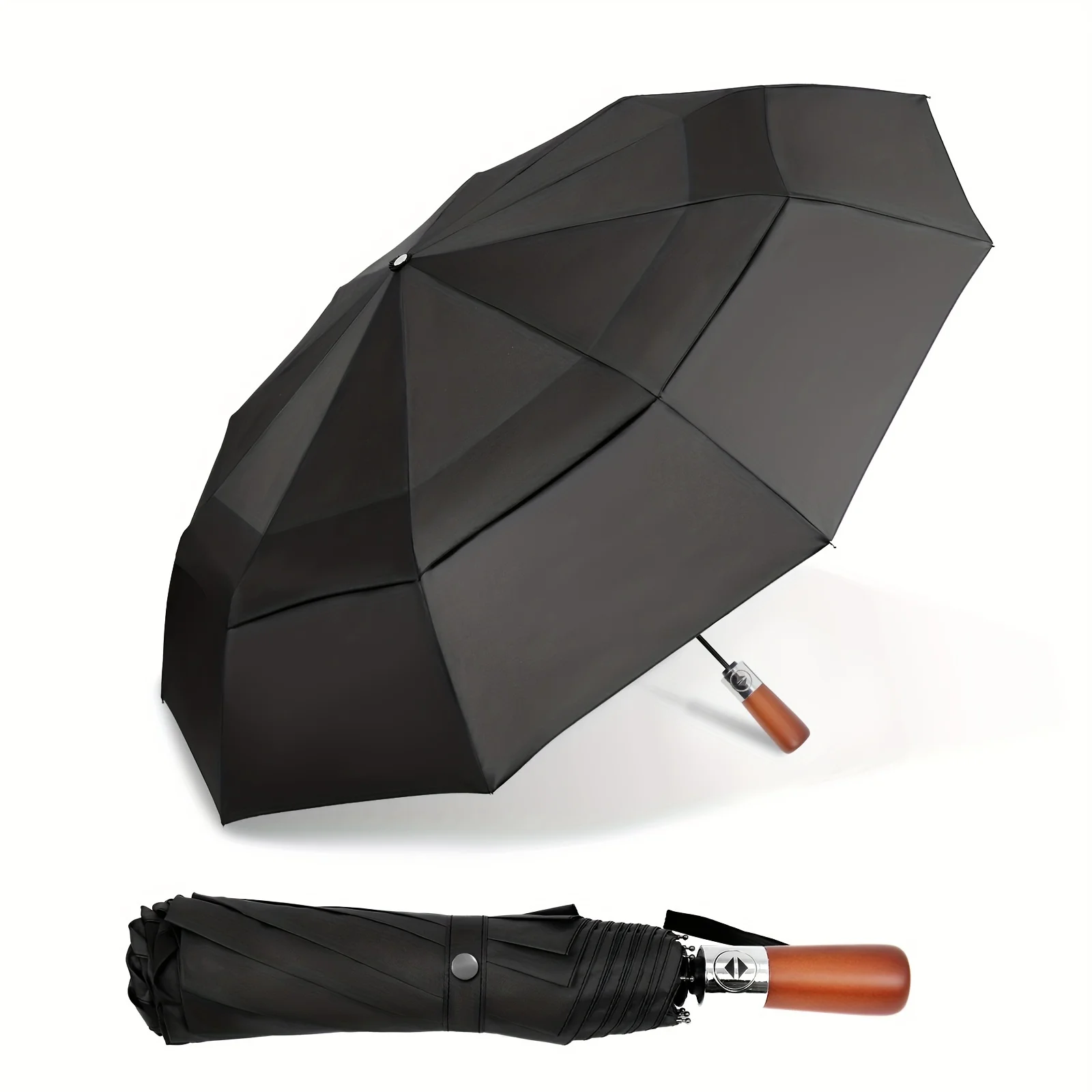 

54IN Wooden Handle Golf Umbrella, Large Windproof Automatic Umbrella Large Double Canopy Vented 10 Ribs Folding Travel Umbrella