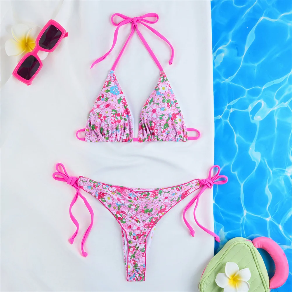 

Cute Floral Bikini Micro String Backless Swimsuit Extrem Bikinis Tangas Flower Swimwear Women Beach Bathing Swim Suits Sexys Set