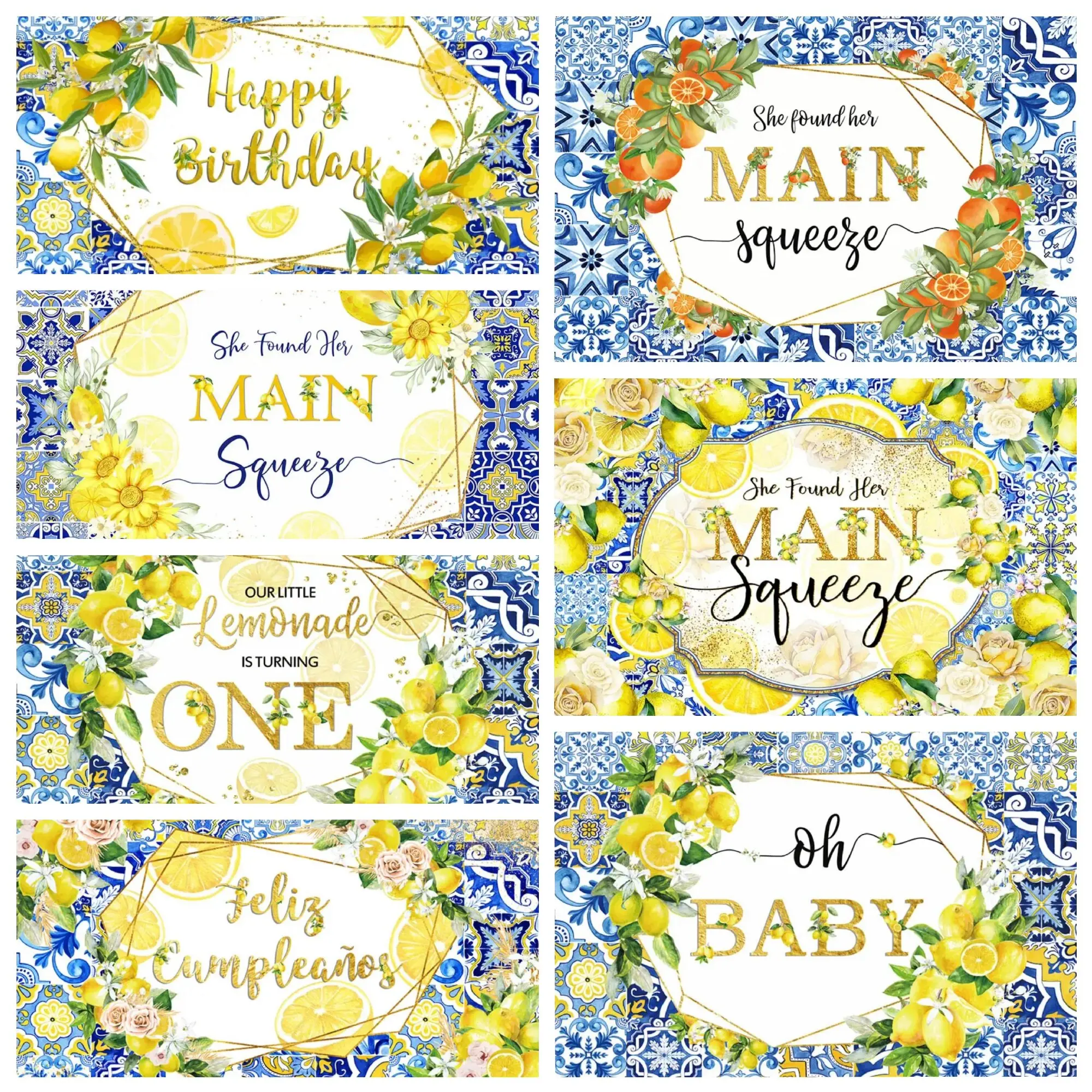 Blue ceramic tile lemon themed photography background, baby shower, birthday party decoration, bride's wedding decoration banner