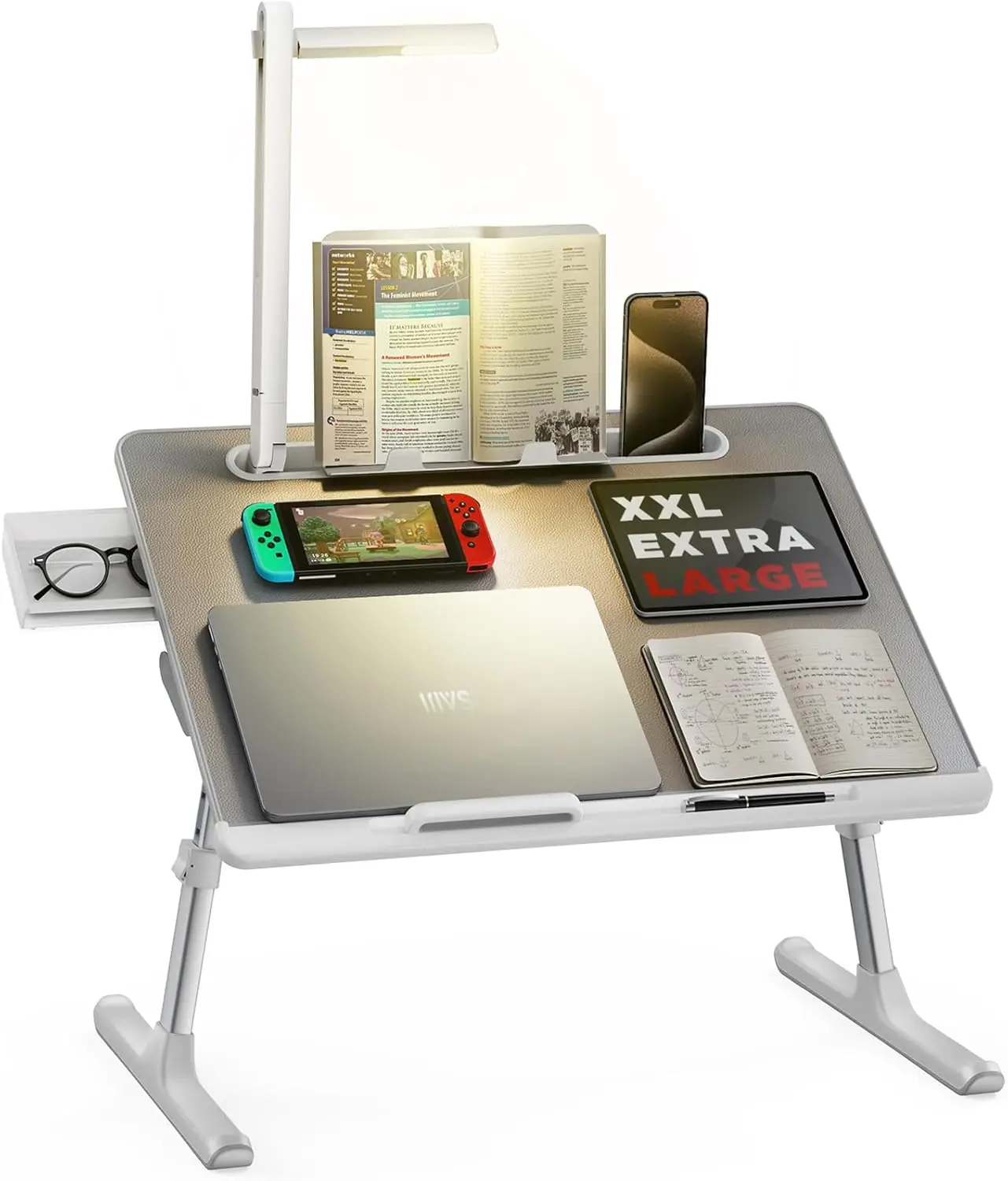 

Adjustable Laptop Bed Tray with LED Light, Foldable Table for Comfort, Extra Leg Room in Grey