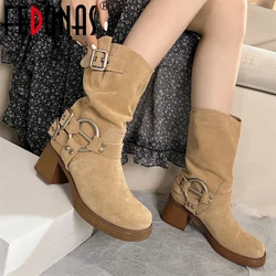 FEDONAS Fashion Women Cow Suede Leather Mid-calf Boots Thick High Heels Autumn Winter Warm High Boots Motorcycle Boots Shoes