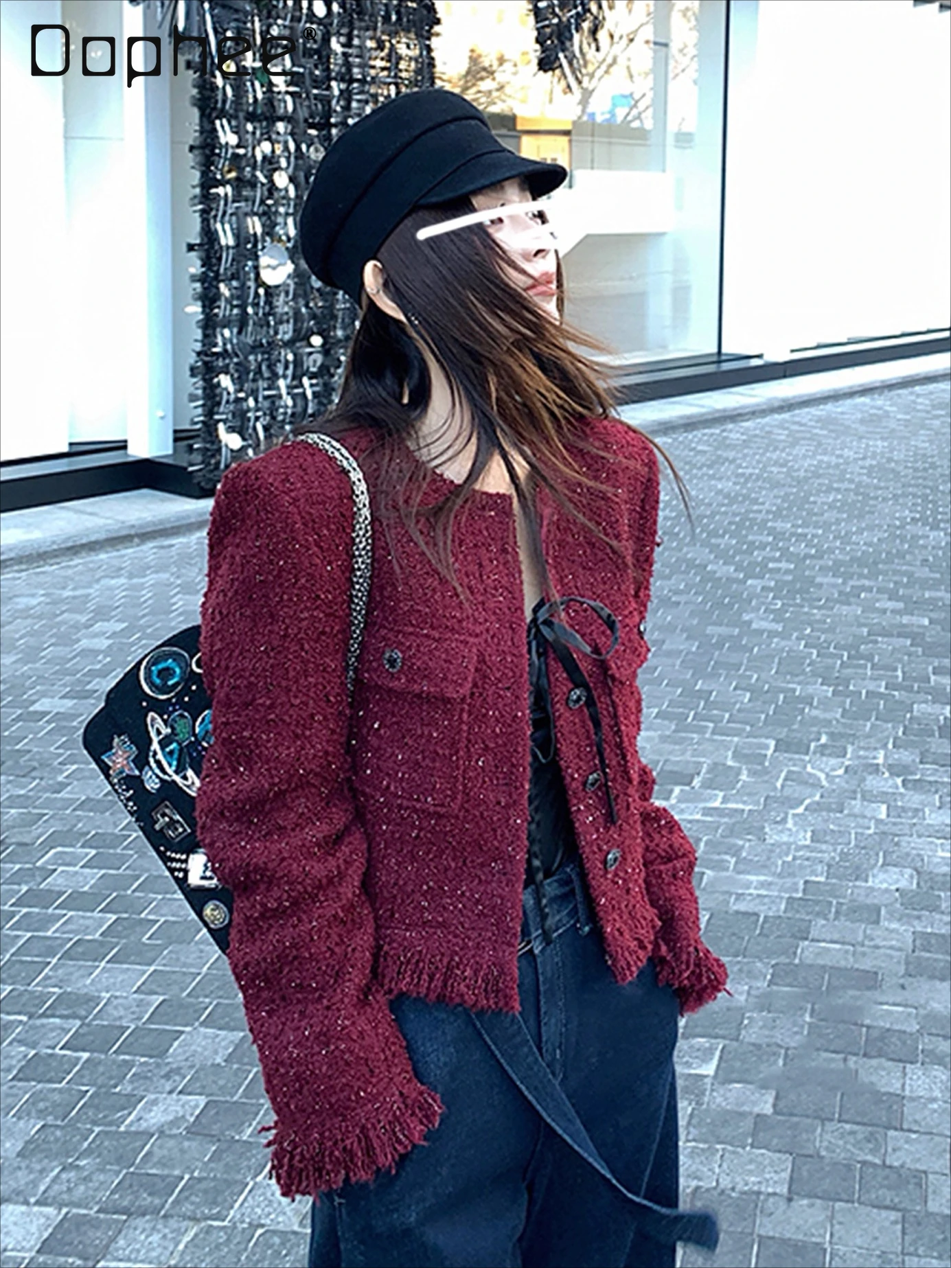 

Christmas Red Fine Glitter Tweed Fringe Short Coat for Women Heavy Craftsmanship Elegant High-end French Socialite Woolen Blazer