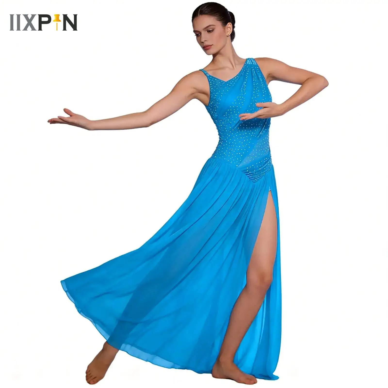 

Women Lyrical Contemporary Modern Dance Competition Costume Rhinestones Asymmetrical Shoulder Split Sheer Mesh Dress Dancewear