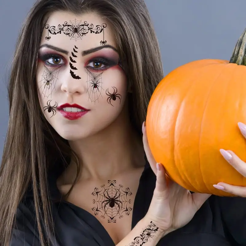 Scary Halloween Temporary Tattoos Spider Web Fake Tattoos Spider Bat Waterproof Body Sticker Makeup Tattoos Kit Set