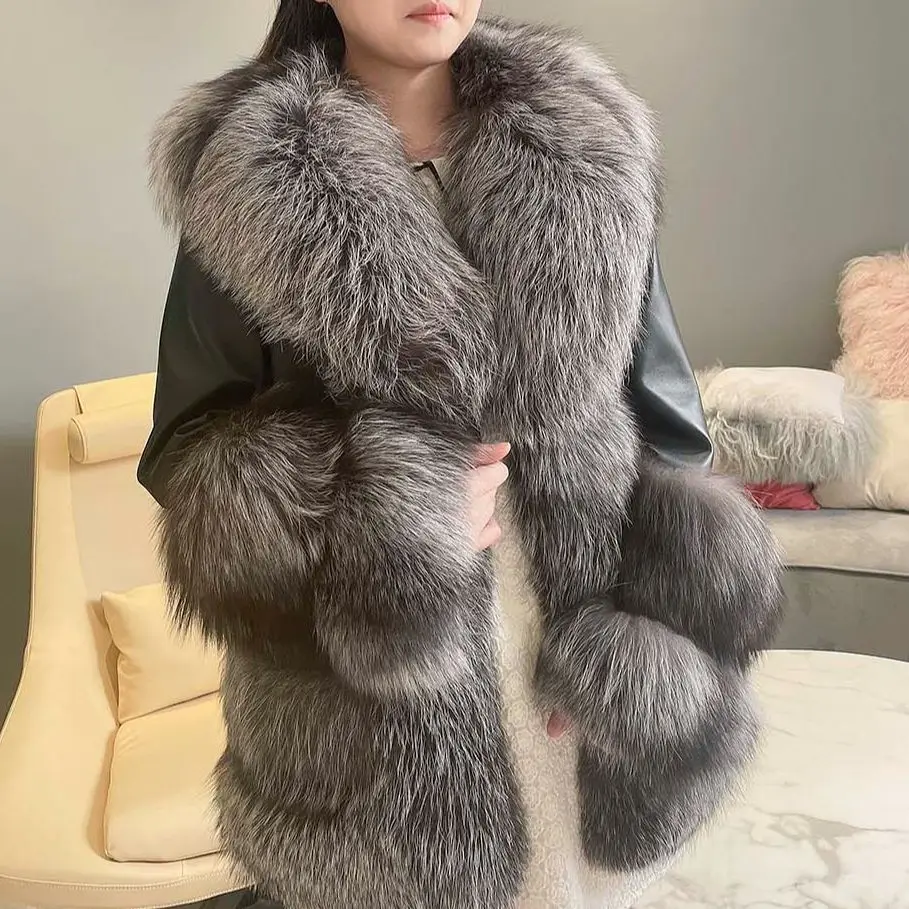 MISSJANEFUR Real Leather Jacket with Fox Fur Collar Trim for Women 2022 New Luxury Wholesale Long Fluffy Full Fur Sheepskin Coat