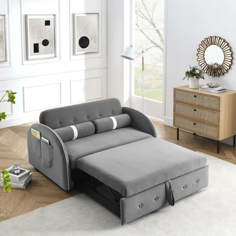 Pull Out Sleep Velvet Sofa Bed 2 Seater Loveseats Sofa，Couch With Side Pockets, Adjsutable Backrest and Lumbar Pillows