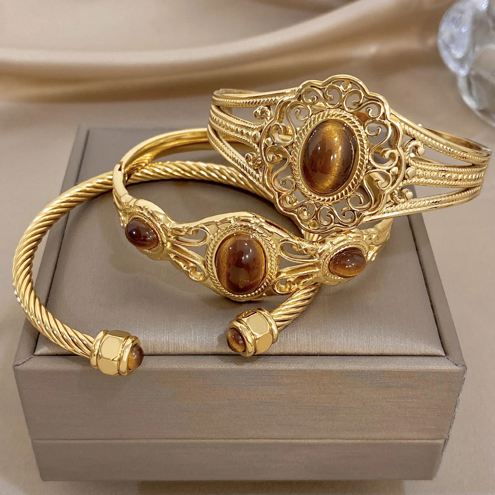 Freetry Classic Tiger Eye Stone Inlaid Stainless Steel Open Bangle For Women Hollow Golden Cuff Wide Bracelet Waterproof Jewelry