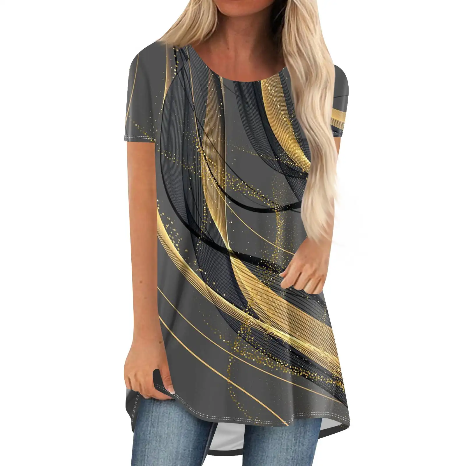 추상 그래픽 3D 프린트 롱 티셔츠 여성 패션 오버사이즈 반팔 티셔츠 스트리트웨어 Y2K 탑 티셔츠 여성 의류