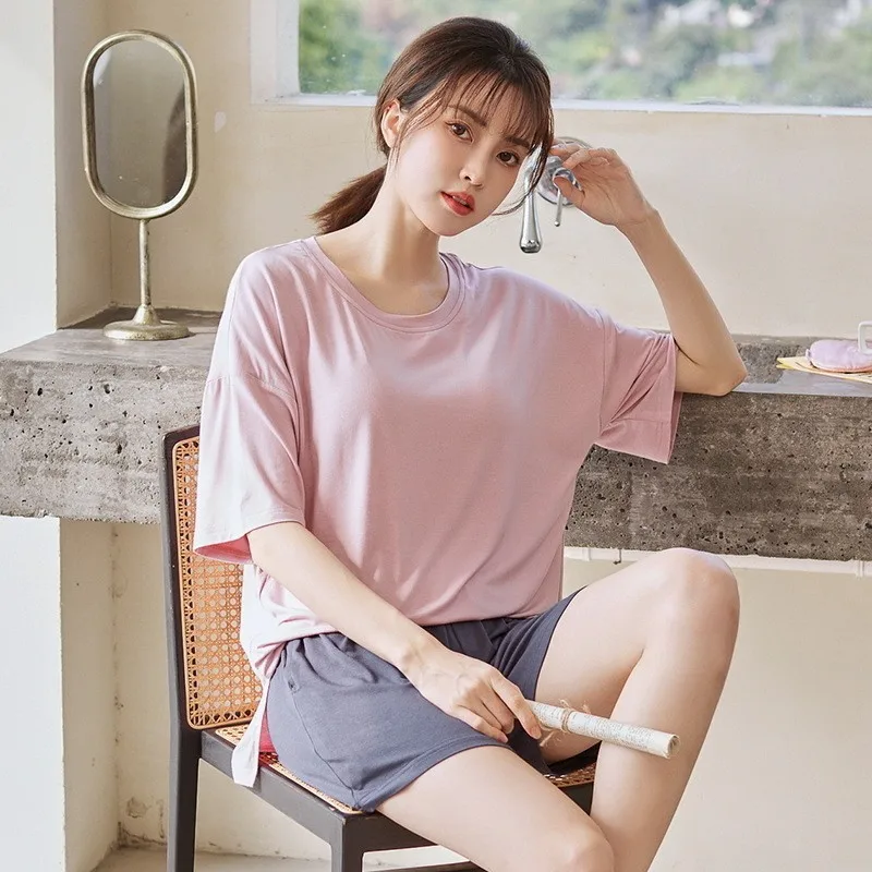 Women Pajama Sets T-shirts With Bra Pad+Shorts 2 Pieces Suits Solid Color Sleepwear Ladies Modal Nightwear Summer Home Clothes