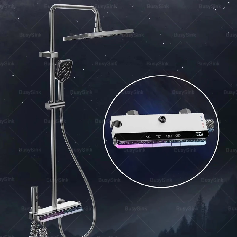 Bathroom Shower Full Set with Digital Display Starry Sky Atmosphere Light Bathtub Showers System Sets Hot Cold Shower Faucet