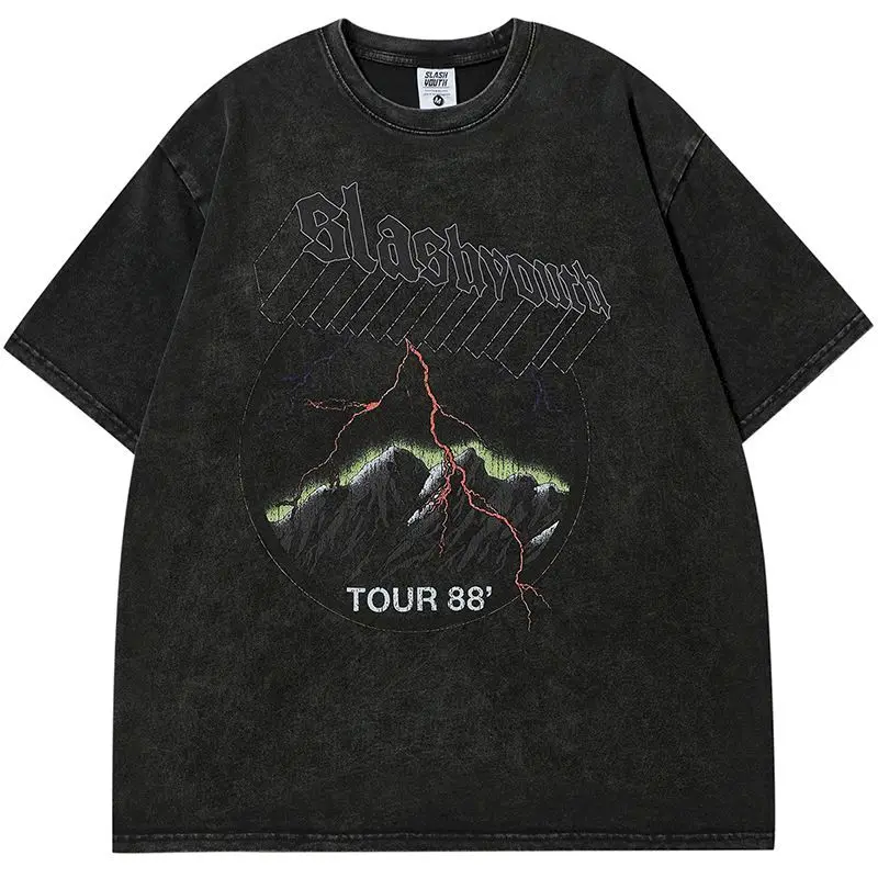 Oversized T-shirts for Women and Men Lightning Thunder Printed Tshirt Dark Loose Washed Short Sleeved Tops Ins Trendy T Summer