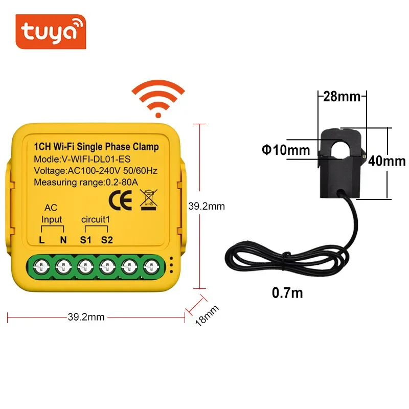 80A High Current WiFi Power Meter Smart Switch Energy Monitoring Transformer Controller Device