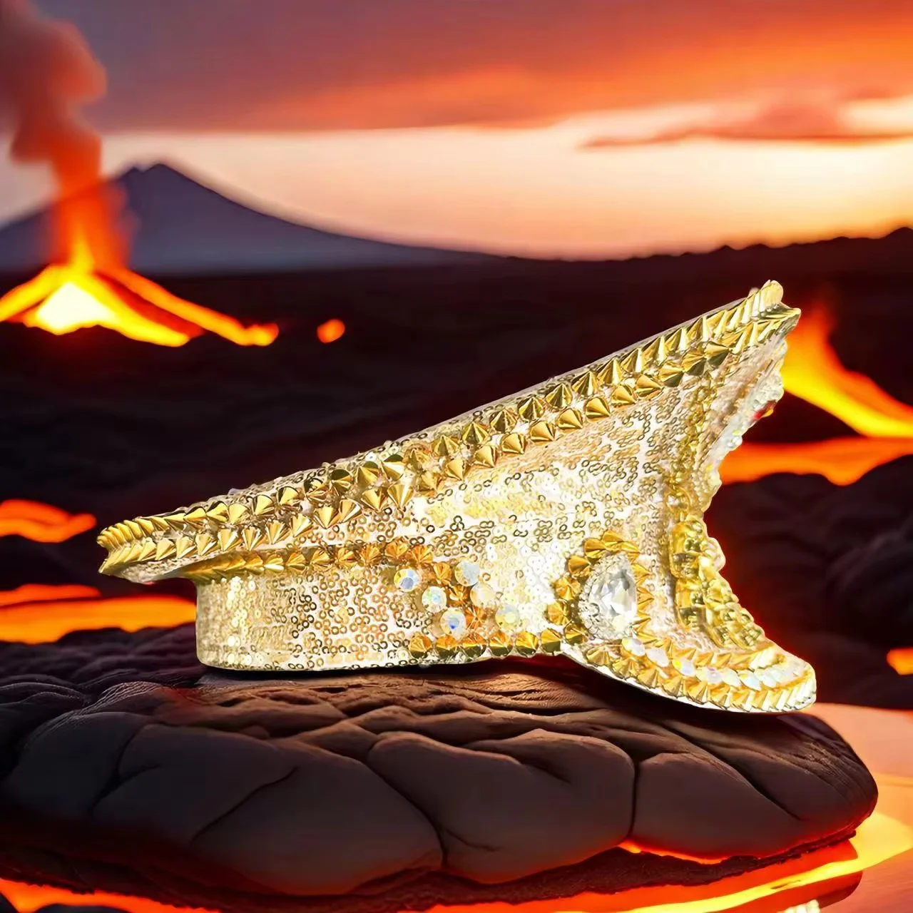 HongLuan Gelber Laser-Leder-Loop-Kapitänshut mit Strasssteinen und Militärkappen für Damen, Rave-Festivals-Accessoires und Partymütze für Herren