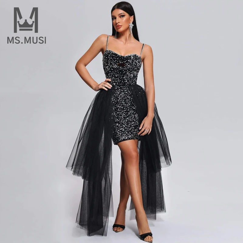 

MSMUSI 2024 New Fashion Women Sexy Strap Sequins Mesh Lace Draped Sleeveless Backless Bodycon Party Club Maxi Dress Long Gown