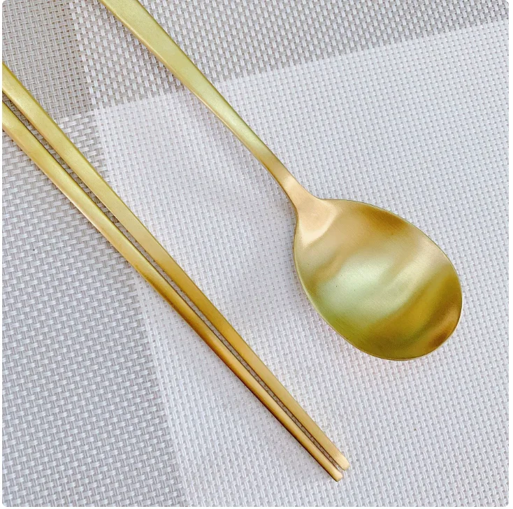 1PCS Stainless Steel Chopsticks Korean Spoon Set Flat  Brushed Solid  Gold-Plated  Tableware