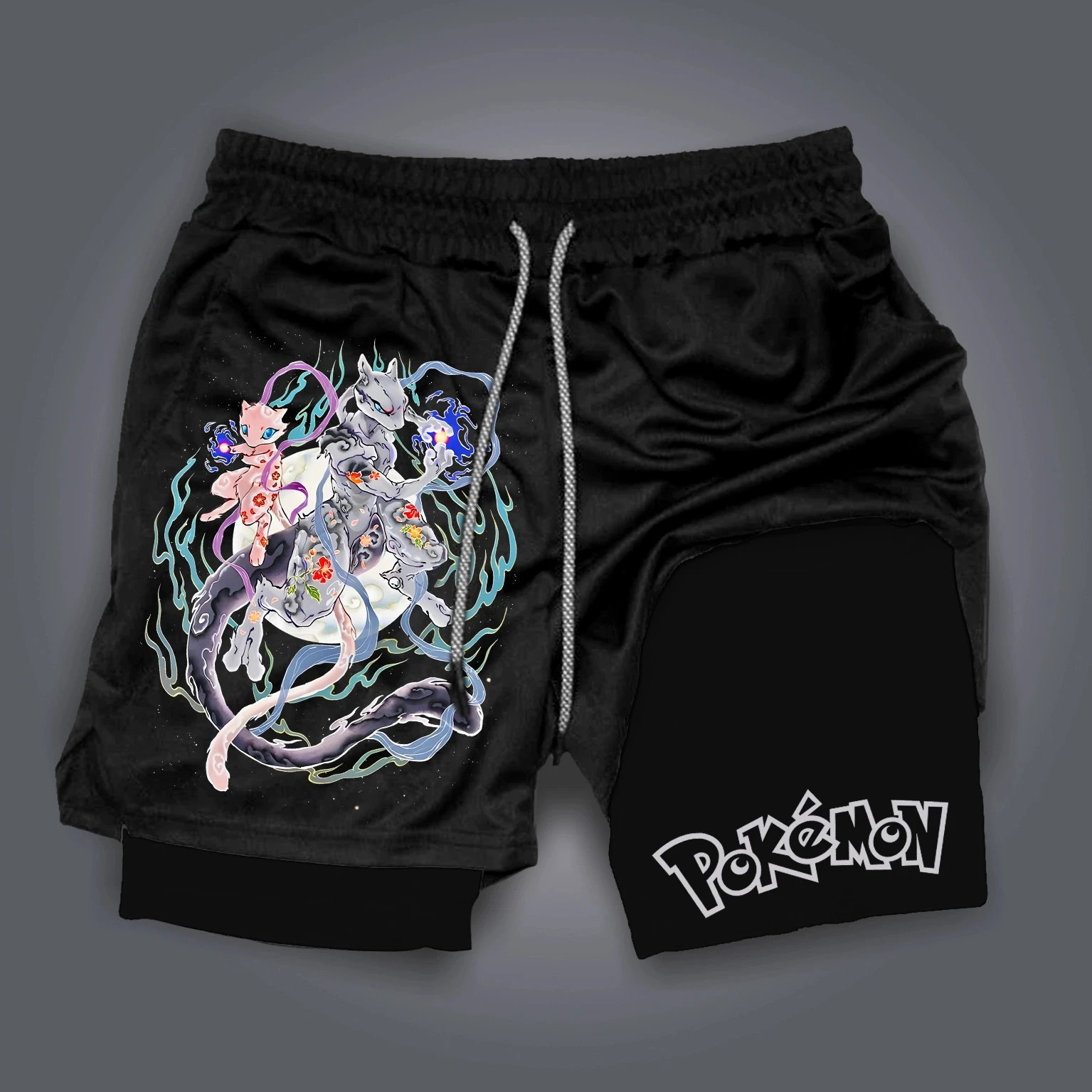 Pokémon Pikachu Gengar Printed Double Layer Shorts for Men's Fitness Exercise Loose Running Pants