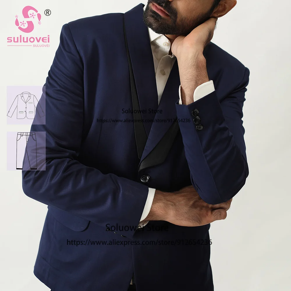

Navy Blue Slim Fit Suits For Men Elegant 3 Piece Jacket Vest Pants Set Formal Groom Wedding Shawl Lapel Tuxedo Vestidos De Novia