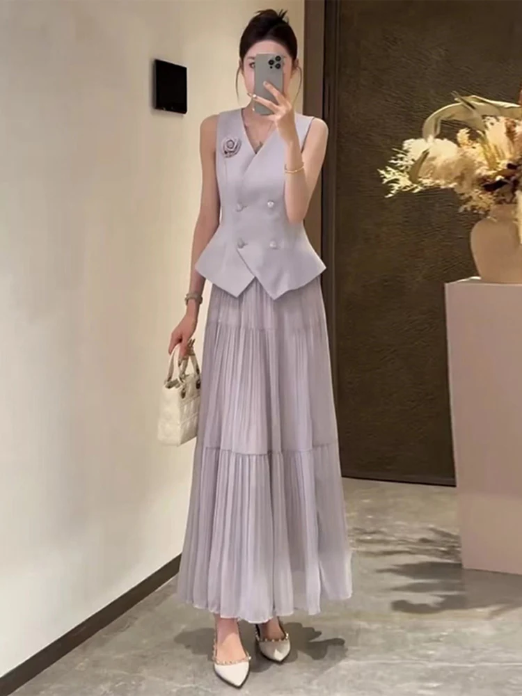 Summer Fashion High Waist Suit Two-Piece Set Simple Single Button Vest Top Skirt Ensemble V-Neck Short Sleeve Button-Up