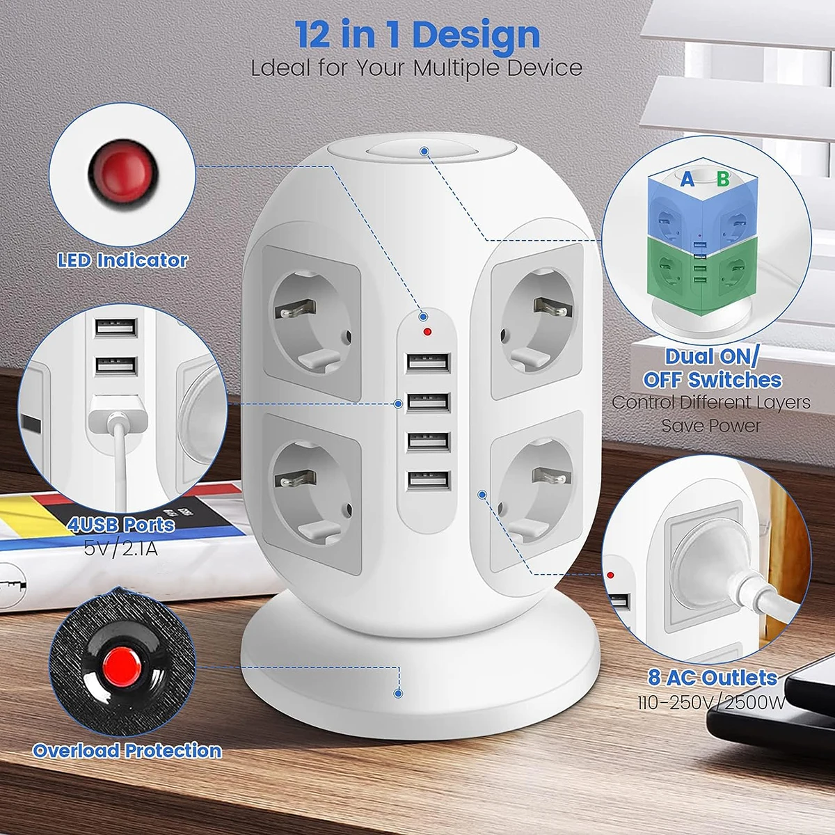 Tower Power Strip Multi Electrical Socket Adapter 8AC+4USB Port Fast Charge,6.5Ft Extension Cable Network Filter,For Home Office