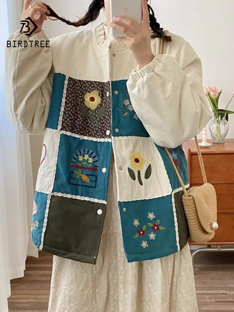 

New 2025 Winter Cotton Padded Corduroy Coat, Women O Neck Embroidery Patchwork, Mori Girl Vintage Warm Loose Outerwear C5N959CC