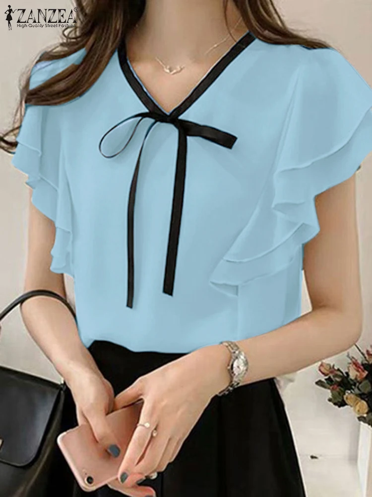 

ZANZEA 2025 Summer Woman Blouses Fashion Ruffles Trim Sleeveless Lace-Up V-Neck Tank Tops Elegant Solid Day Wear Blusas Mujer