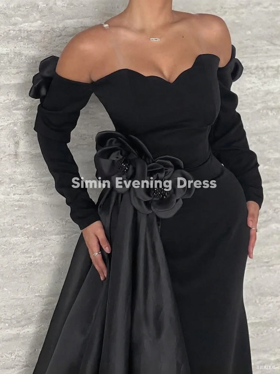 Simin Dames Crêpe Off-the-shoulder Schede Vloerlengte Avondjurken Met 3D Bloemen Lange Mouwen Feest Elegante Jurken 2025