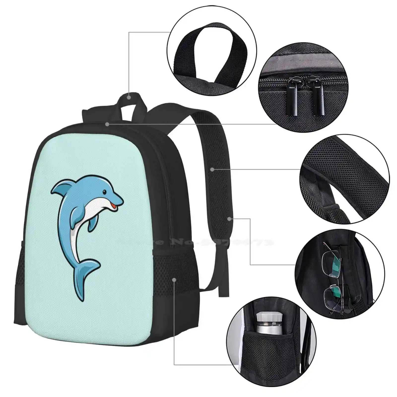 Cute Dolphin Large Capacity School Backpack Laptop Bags Cute Dolphin Dolphins Dolphin Character Animal Ocean River Dolphin Cute