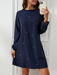 Cross border European and American women's autumn and winter fashion trend pearl embellishment collar lantern long sleeved dress