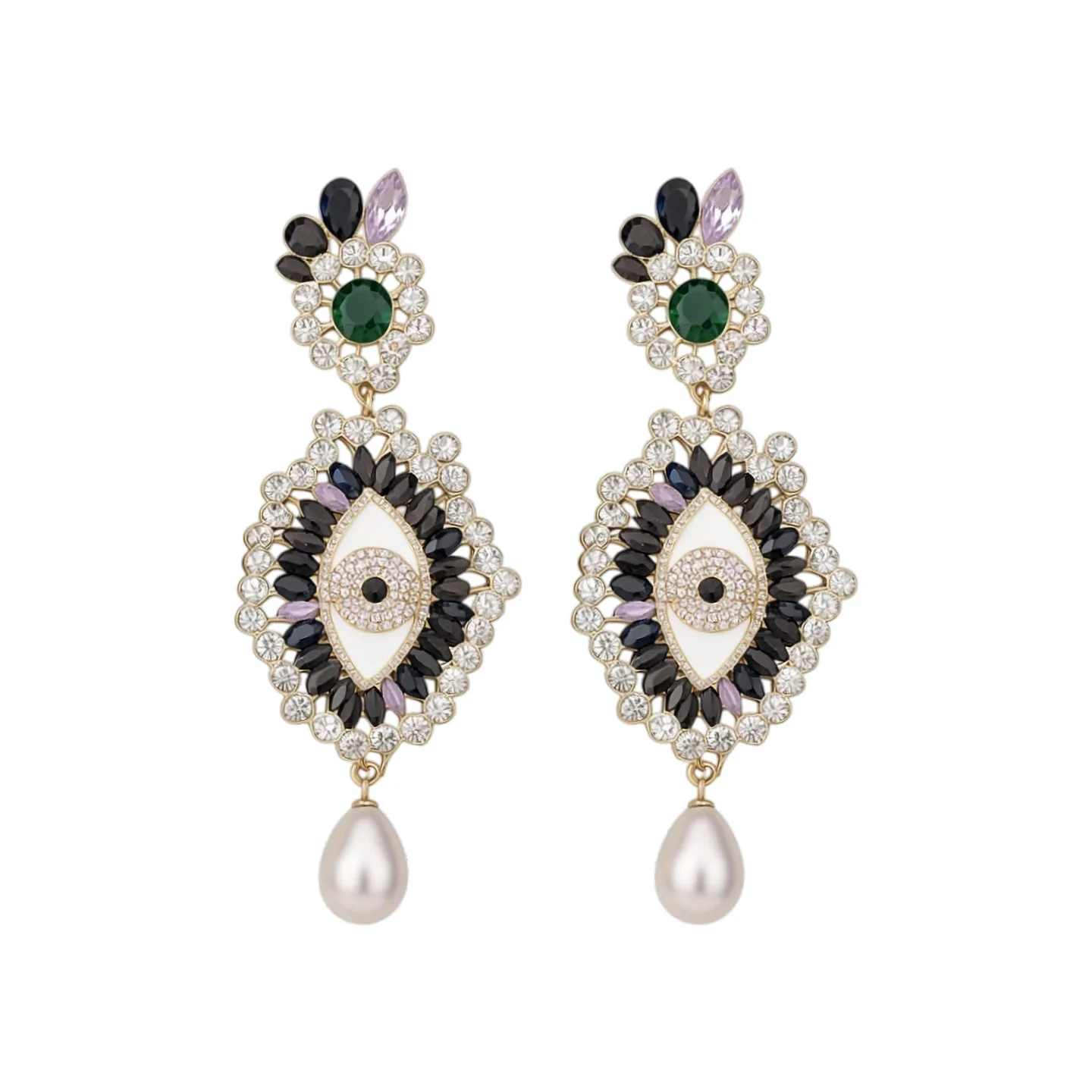 Retro Exaggerated Eye Inlaid Zircon Pearl Tassel Earrings, 925 Sterling Silver Needle Luxury Light Fashion Ear Jewelry for Women