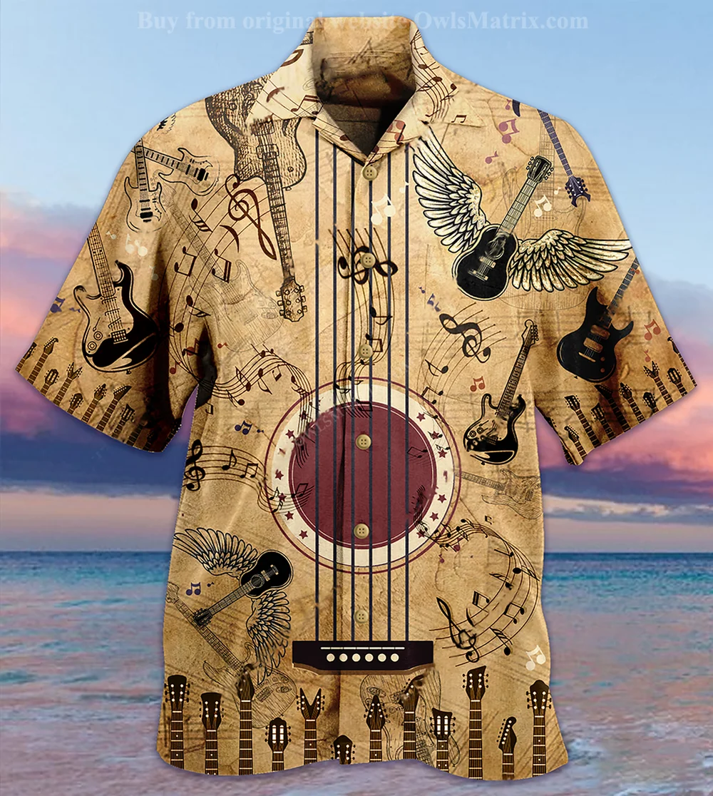 

Hawaii Men's Shirts Guitar String 3D Print Summer Short Sleeve Oversize Vintage Tops Vaction Casual Men's Clothing