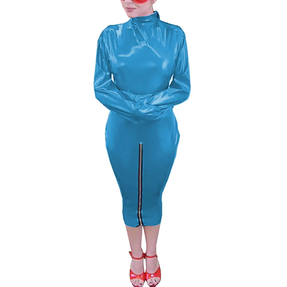 Women's Spandex PVC Wrap Dress, Hobble Dress, Bodycon Outfit, Sexy Sheath, Bandage Sleeve, Unisex, Turtleneck, Halloween Party