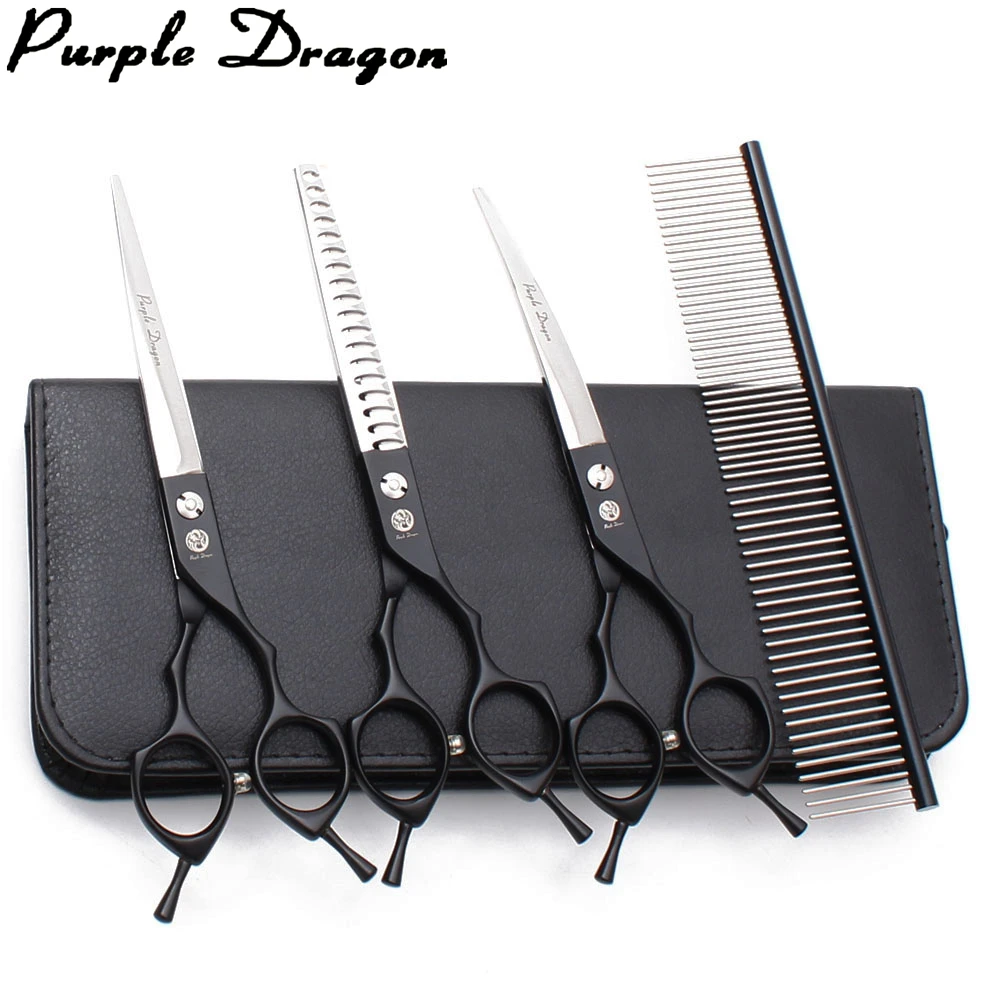 Dog Grooming Scissors Purple Dragon Japan 440C Black Pet Scissors Thinning Scissors Chunker Blender Scissors Curved Shears Z3009