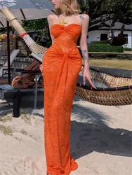 Strapless Summer Orange Holiday Fashion Sheer Lace Beach Long Dress Bohemian Style Women Slash Neck Hollow Slim Bodycon Dress