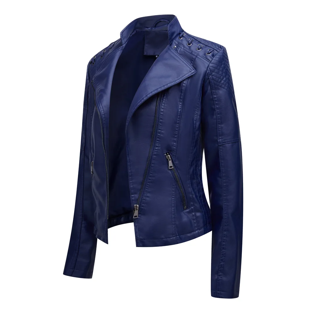 New Spring Autumn Faux Leather Jacket Women Slim Zipper Navy Blue Leather Coat Biker Moto Jacket Motorcycles Locomotive Outwear