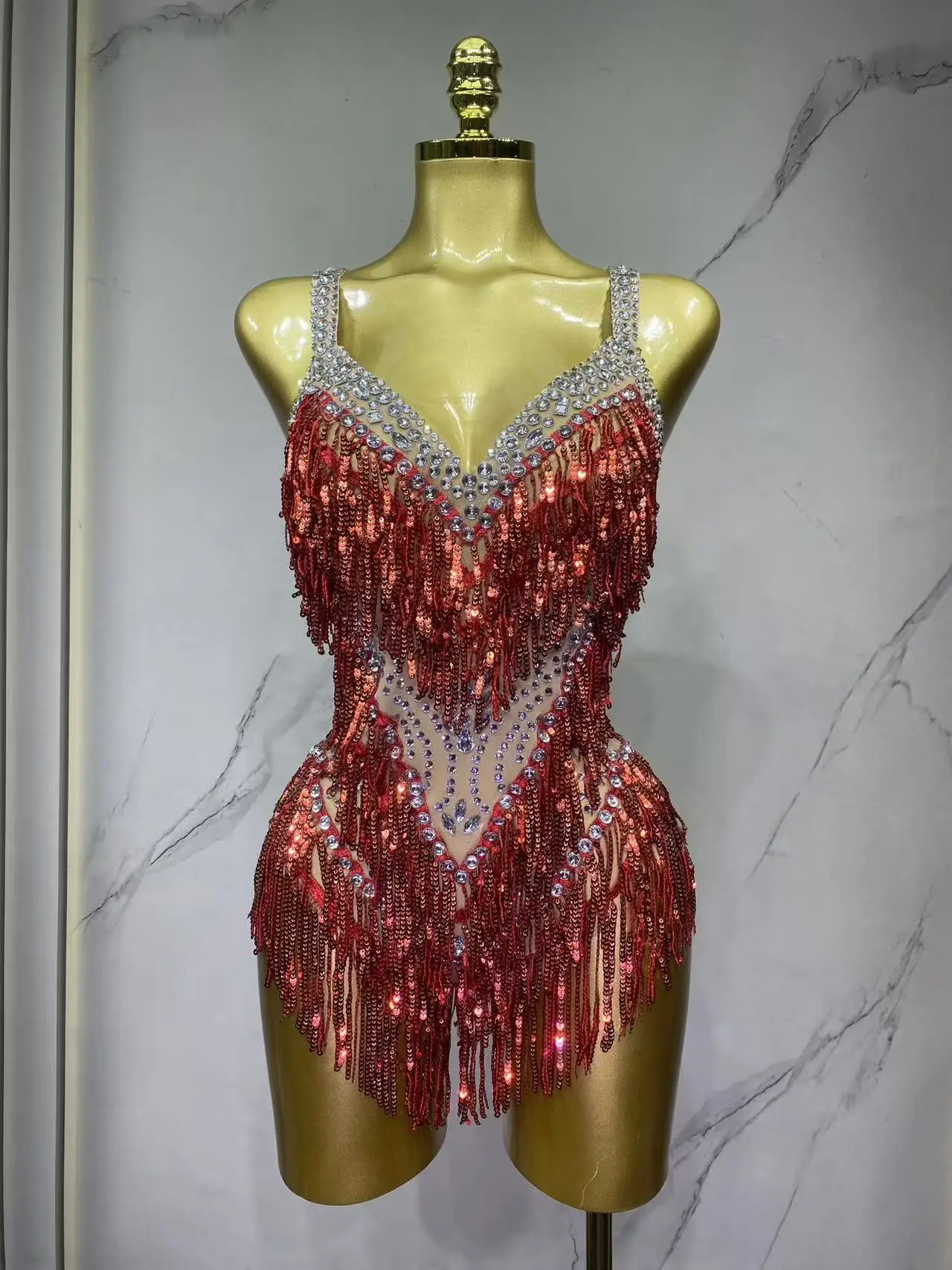 Sparkly Rhinestones Fringes Bodysuit Women Sexy See Through Party Outfit Performance Dance Costume Singer Dancer Show Stage Wear view 6