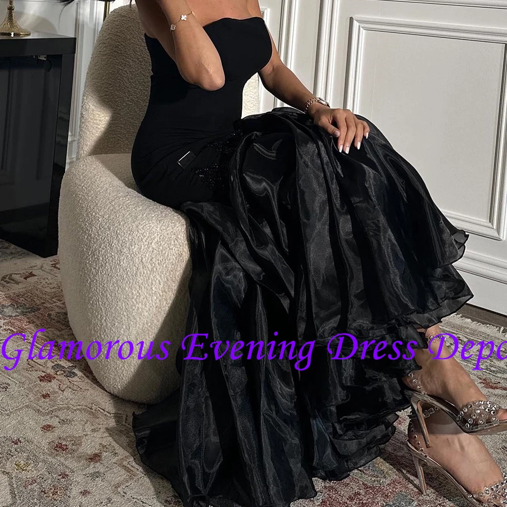 ที่กําหนดเองโมเดิร์นจีบคริสตัลชุดราตรีประณีต Mermaid สีดําซิปด้านหลังชุดพรรค Vestidos Para Mujer