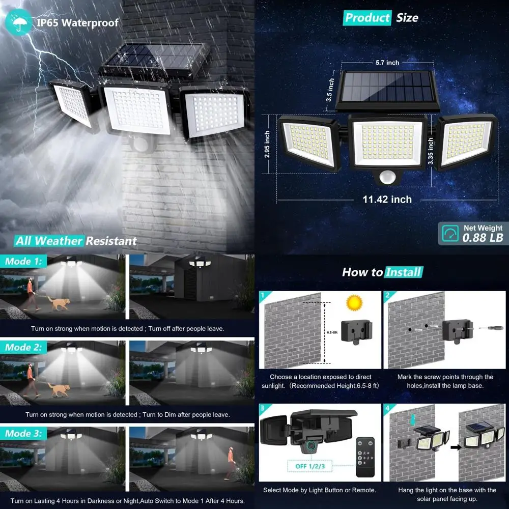 

4-Pack 210W LED Outdoor Security Lights with 270° Wide Angle, 3-Head Motion Sensor, IP65 Waterproof, Remote Control, 2500LM Brig