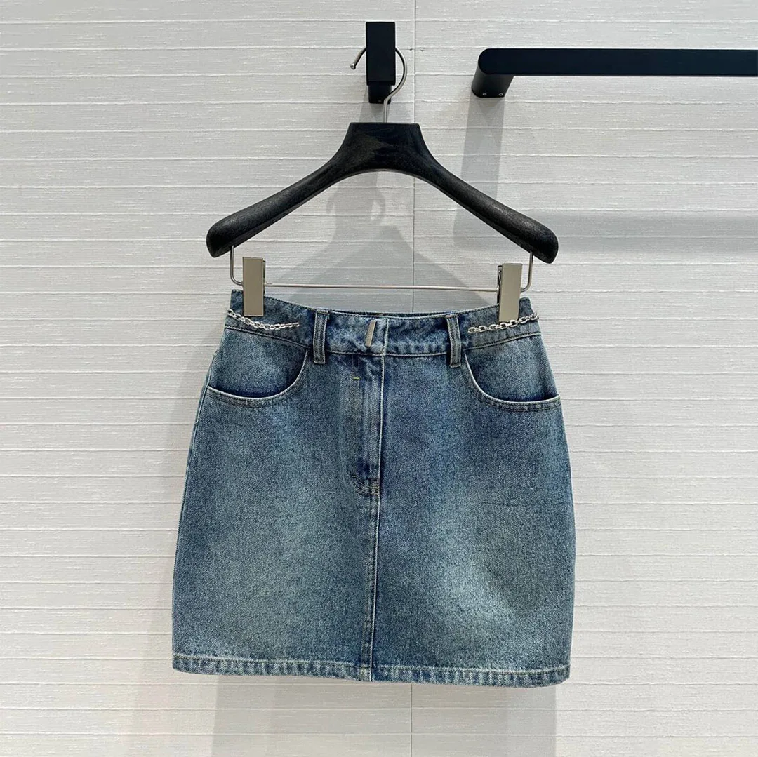 2024 New Autumn Fashion Vintage Washed Blue Denim Mini Skirts Womens High Waist Metal Chains Decoration Streetwear Pencil Skirt