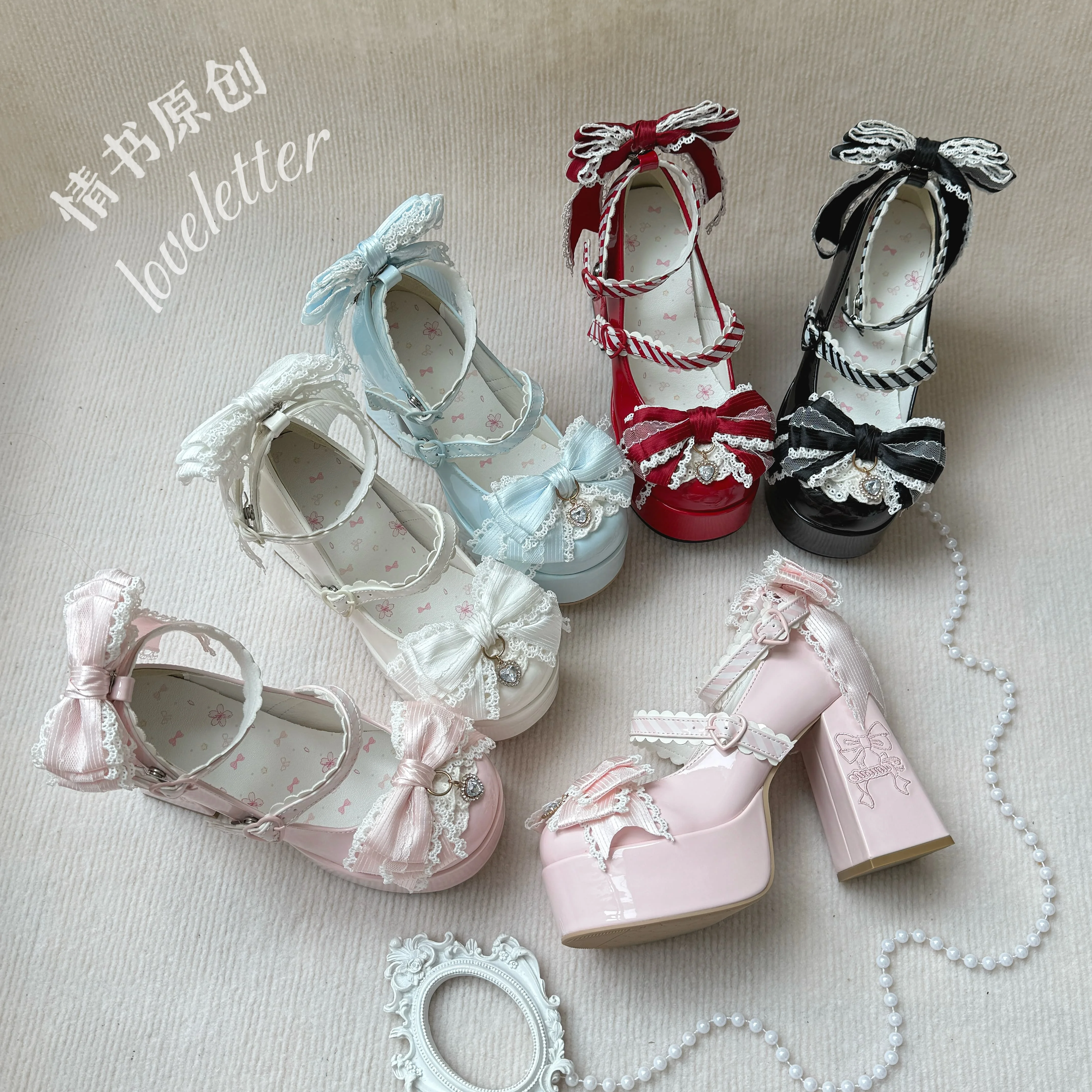 Japanese Original Lolita Bow Rhinestone High Heels Women's Elegant Versatile Girl Sweet Waterproof Table Elegant Mary Jane Shoes