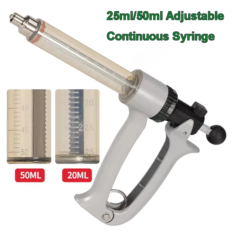 25/50ml Semi-Automatic Veterinary Continuous Syringe Animal Injection Adjustable Vaccine Syringe for Livestock Cattle Sheep Pig