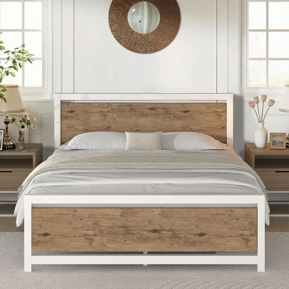 

Frame With Headboard, Farmhouse Bed Frame With Wooden Headboard, Heavy Duty Metal Bed Frame, No Box Spring Needed, NoiseFree, Es