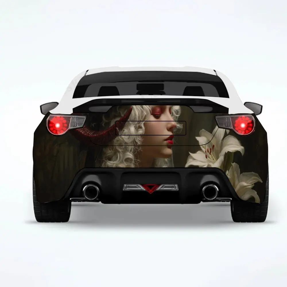 

Dark Fantasy Girl с рогами и белой лилией, виниловая наклейка на заднюю часть автомобиля, водонепроницаемые самоклеящиеся виниловые наклейки для хвоста автомобиля a
