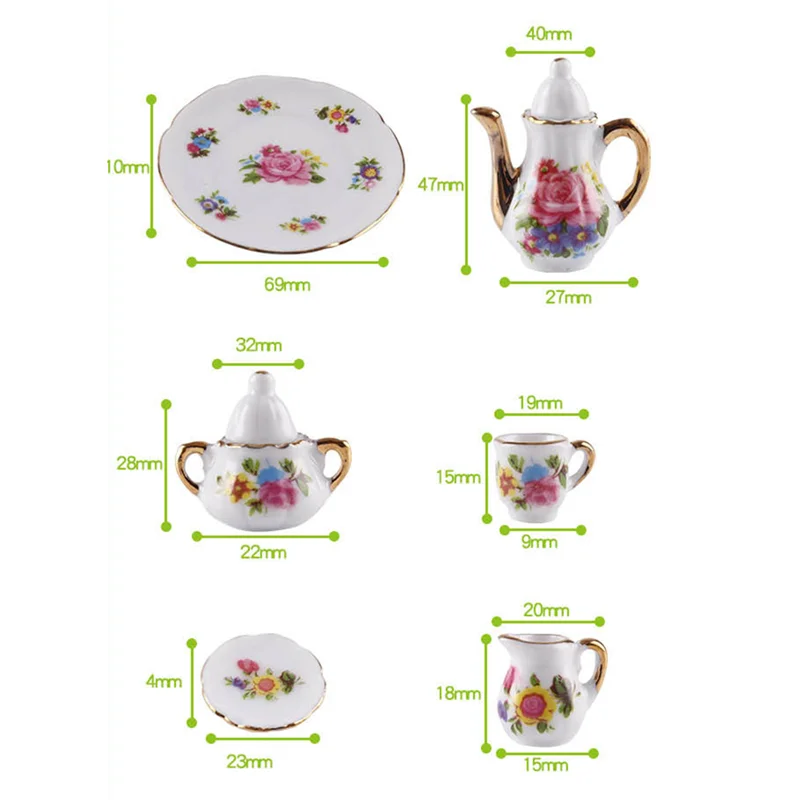 1:12 Miniature Porcelain Tea Cup Set Ceramic Tableware Teapot Kitchen Dollhouse Accessories Doll House Decor