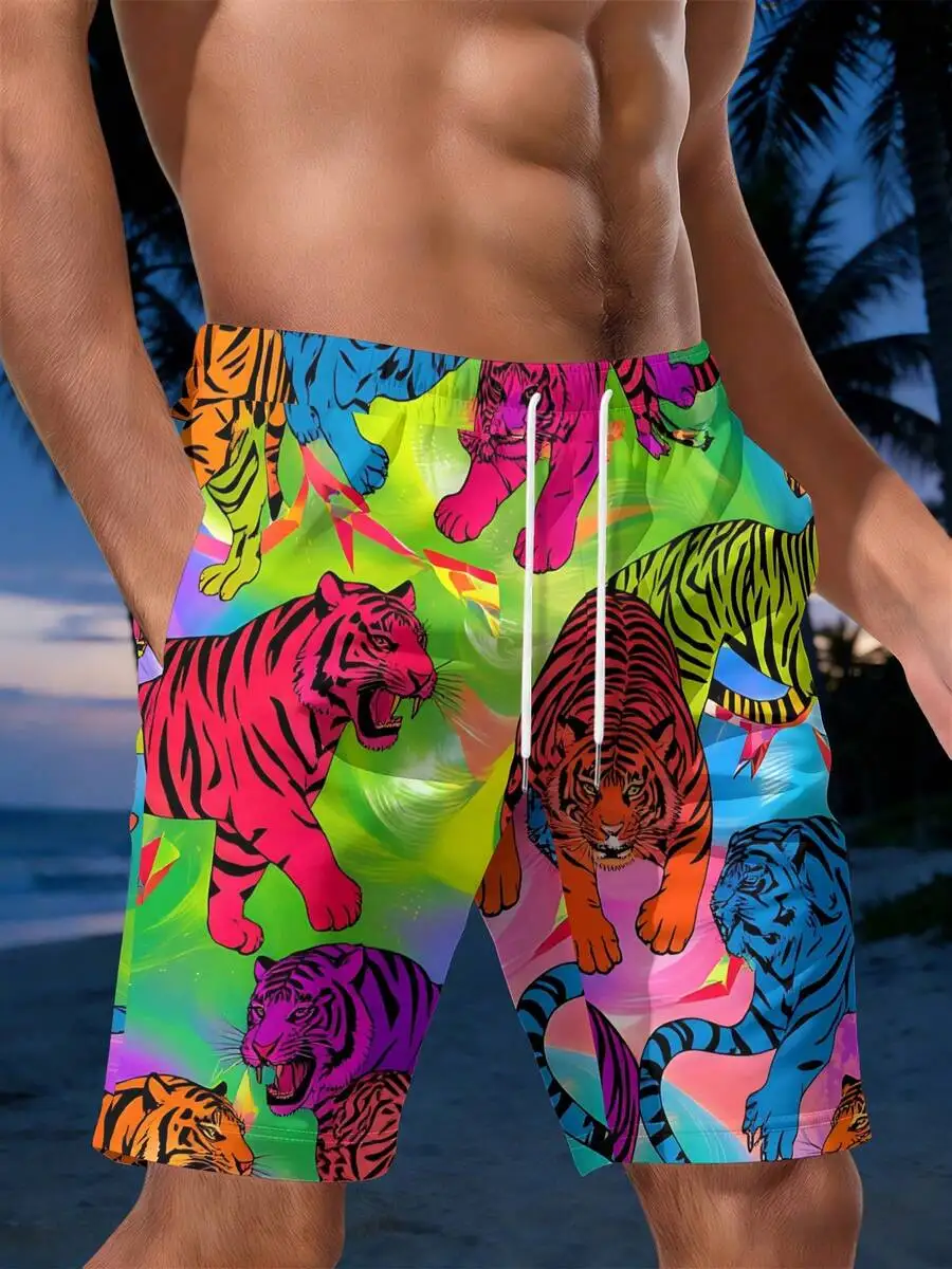 

Colorful 3D Tiger Print Mens Beach Shorts Vibrant Animal Pattern Summer Casual Swimwear